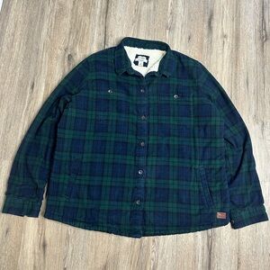 LL Bean Sherpa Lined Flannel Over Coat Plaid Logo Green Navy